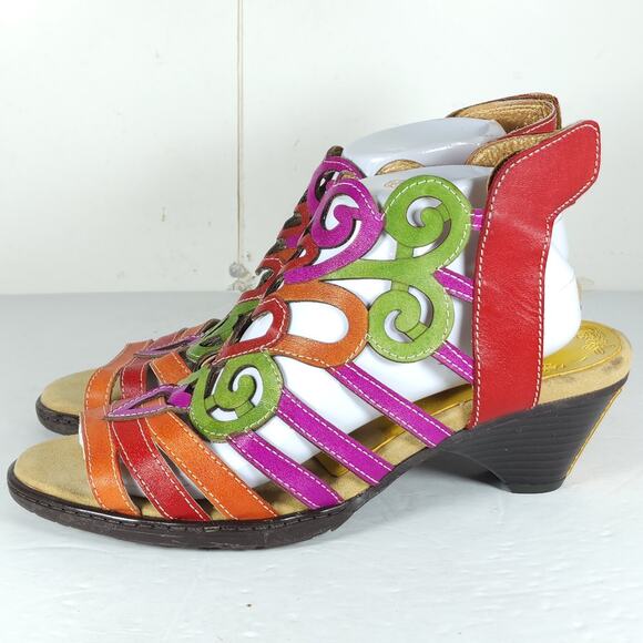 Socofy Women's US 10-10,5 EU 41 Multicolor Leather Cut-Out Strappy Sandals - Picture 2 of 16